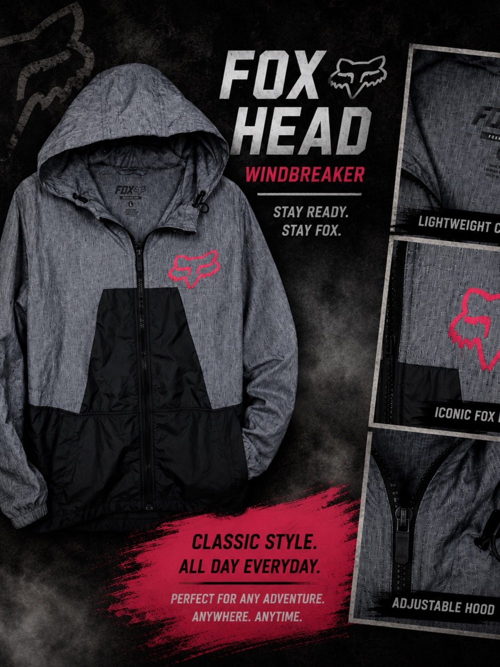 FOX Head Men's Windbreaker Jacket - Gray/Black with Red Logo